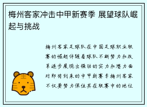 梅州客家冲击中甲新赛季 展望球队崛起与挑战
